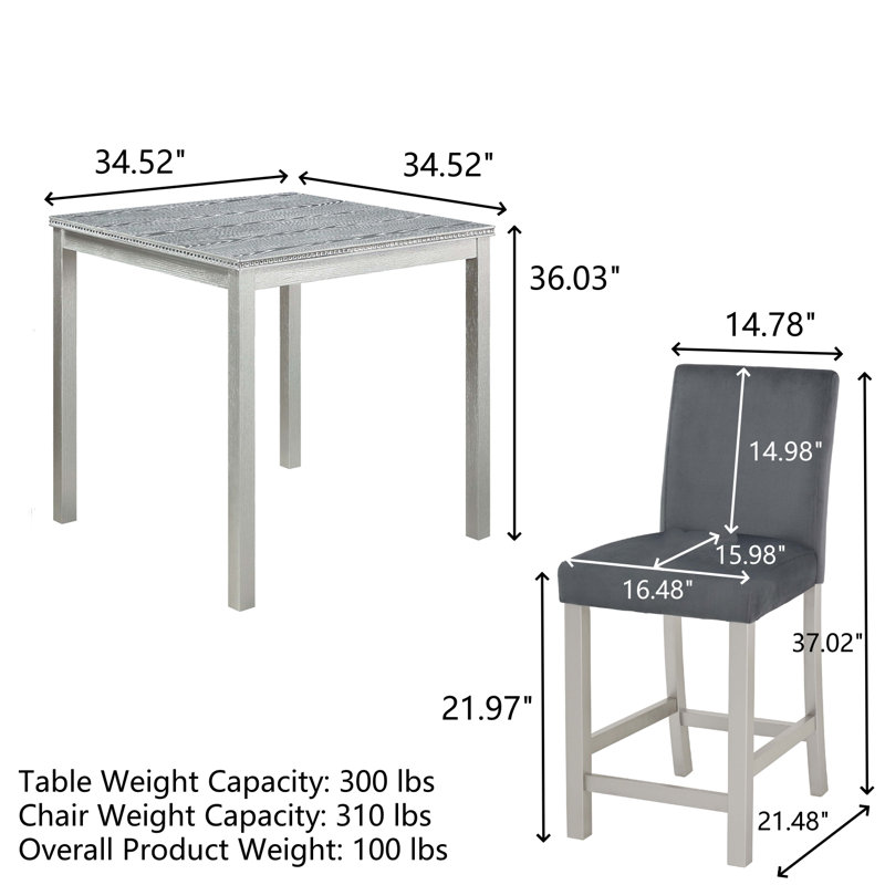 5 Piece Counter Height Table Set, Wooden Kitchen Table Set With Square Table And 4 Upholstered Chairs, Counter Height Dining Table With Crystal Decoration And Chair Set, Silver Grey