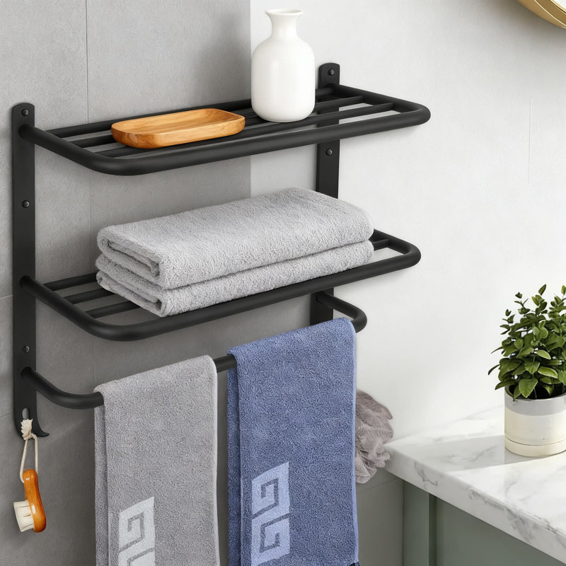 Porte-serviettes mural à 3 niveaux avec crochets, organisateur de rangement de salle de bain en acier inoxydable, porte-serviettes peu encombrant et tablette de salle de bain