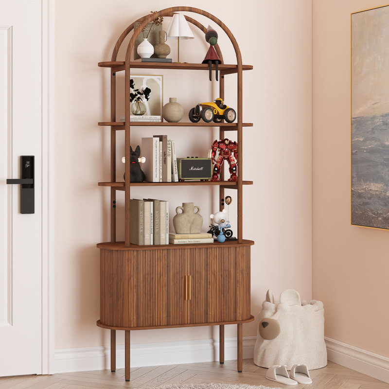 71" Arched Etagere Bookcase with Cabinet, Brown