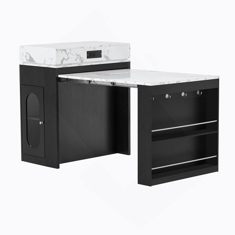 Table de salle à manger extensible avec plateau pliable, table de bar avec tiroirs et prise de courant, îlot de cuisine avec roulettes et crochets, buffet pour la cuisine et la salle à manger (noir et blanc marbré)