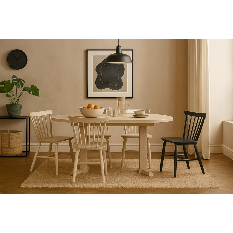 Ensemble de salle à manger ovale 7 pièces, table extensible, 6 chaises, chêne blanc Hiny, Chêne blanc / noir