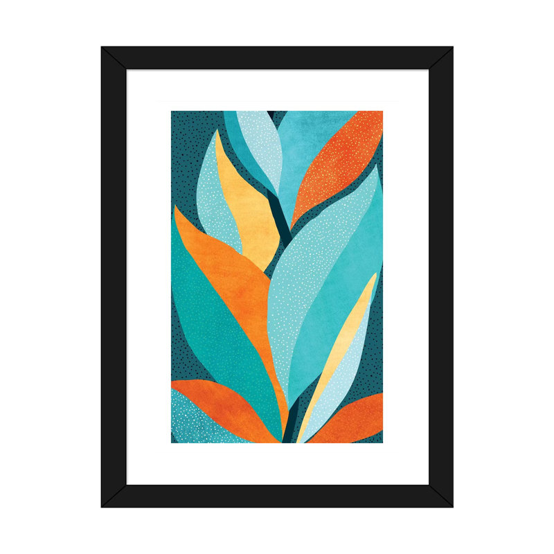 Abstrait feuillage tropical - impression d'art graphique, Papier encadré noir, Blanc, H 32 po x l 24 po x P 1 po
