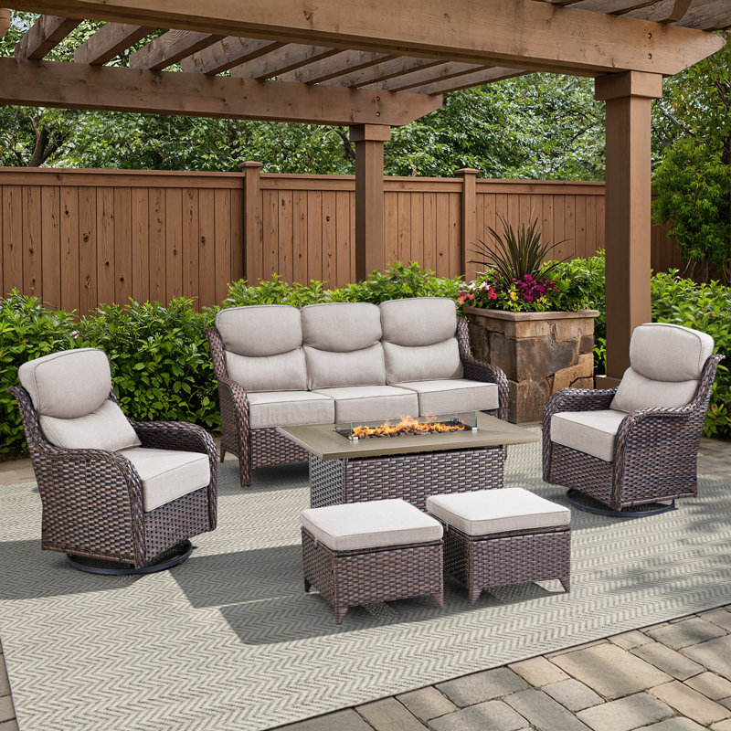 6-Piece Outdoor Wicker Sofa Conversation Set With Swivel Rockers And Fire Pit, Brown, Beige