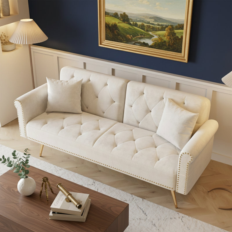 Canapé-lit en velours l 69,7 po avec garniture cloutée et coussin assorti, beige, Beige