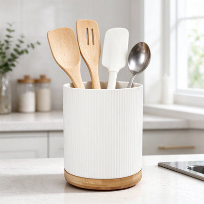 Rotating Utensil Holder for Kitchen Countertop, Premium Ceramic Organizer with Bamboo Base, Scratch-Resistant Storage Crock for Cooking Tools