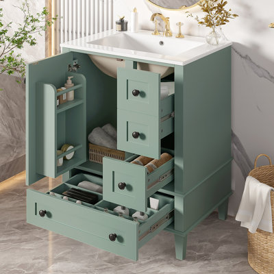 Meuble-lavabo de 24 pouces avec lavabo intégré en céramique, tablette à double couche, tiroirs à fermeture en douceur et porte d'armoire à fermeture en douceur