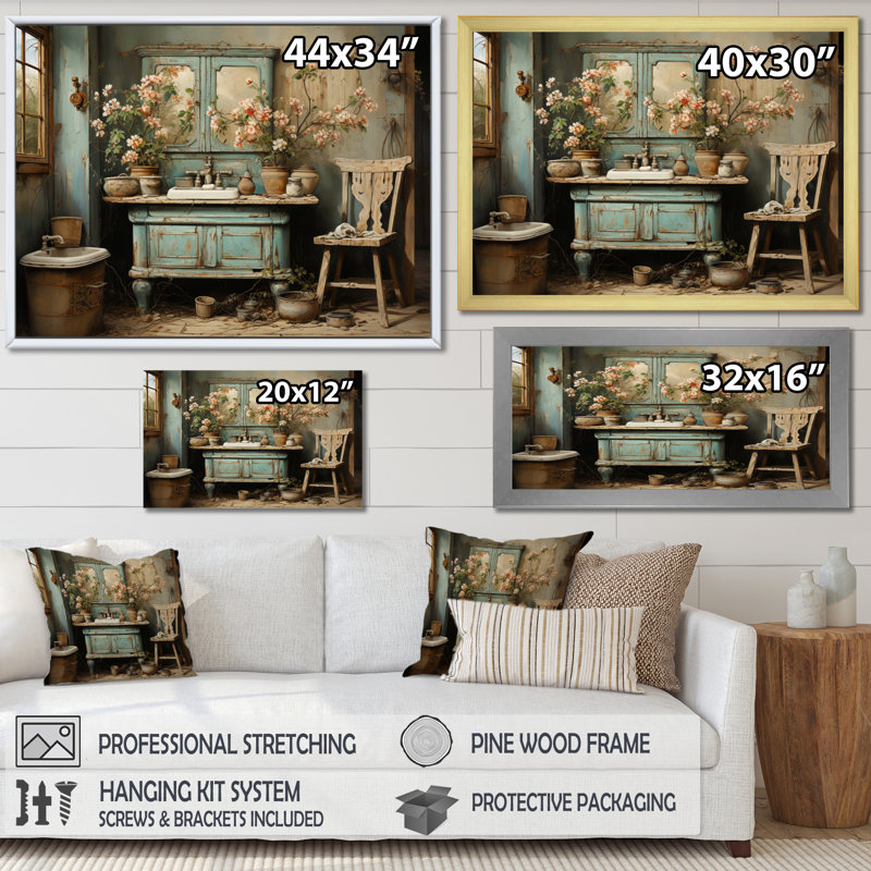 Bathroom Toilet Vintage Charm I - Bathroom Framed Wall Art, Wrapped Canvas, 12" H x 20" W x 1" D