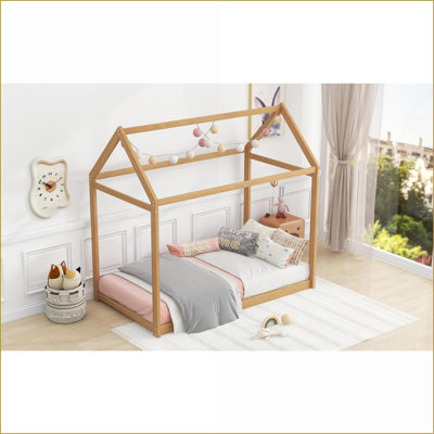 Bois de pin simple Cadre de lit plateforme en panneau de fibres à densité moyenne - Aucun sommier nécessaire, couleur bois naturel pour la chambre
