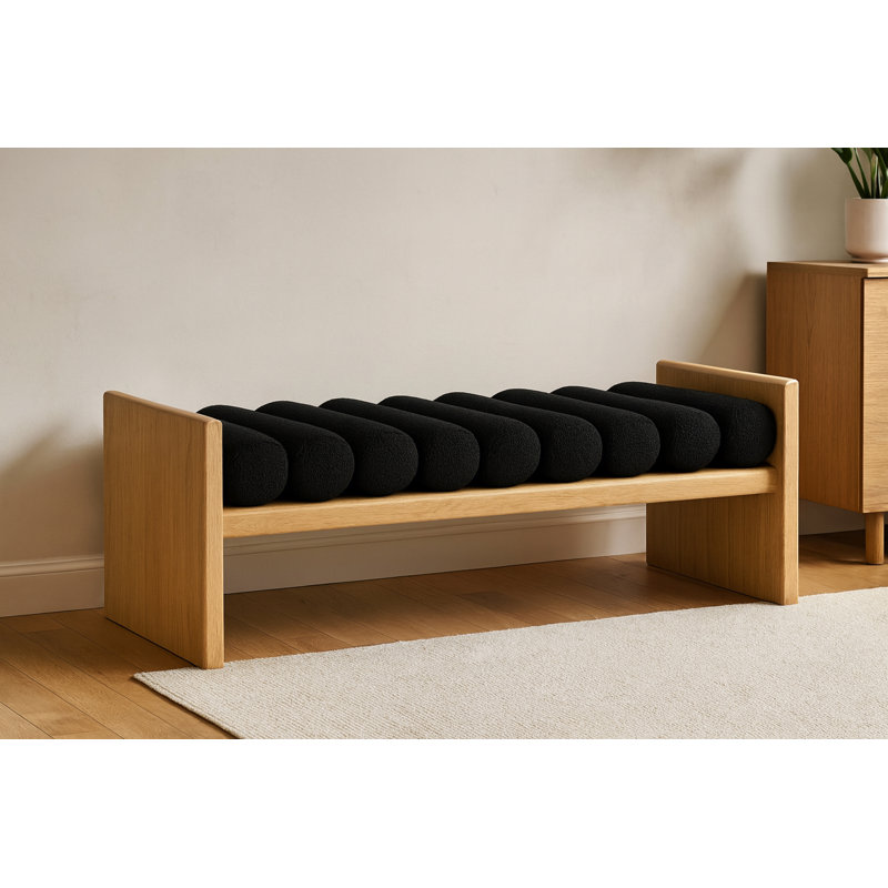 Banc en bois Boucle, Tissu noir bouclé / finition naturelle, H 18 po x l 52 po x P 19 po