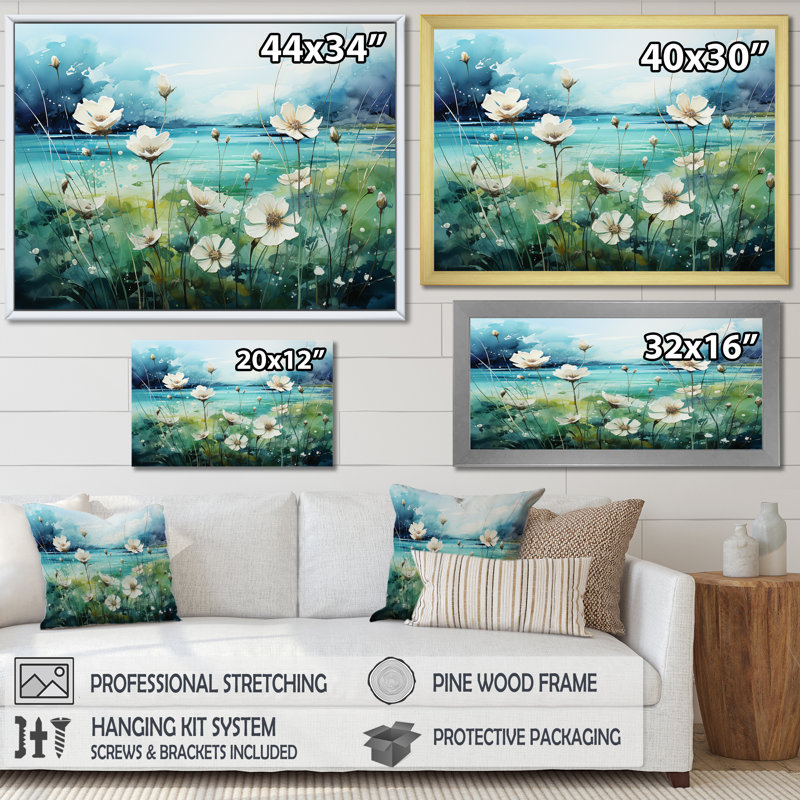 «Misty Flower Meadows II», reproduction sur toile, H 16 po x l 32 po x P 1 po, Cadre flottant noir
