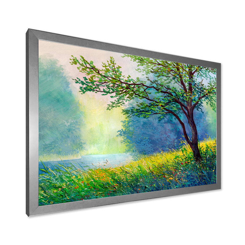 Forêt d'été avec rivière et cascade - reproduction d'art sur toile, Encadrement argenté, H 16 po x l 32 po x p 1 po