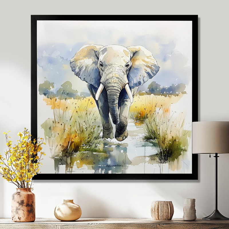 Éléphant géant doux en Afrique - Éléphant, impression d'art mural, Reproduction encadrée, Noir, 16" H x 16" W