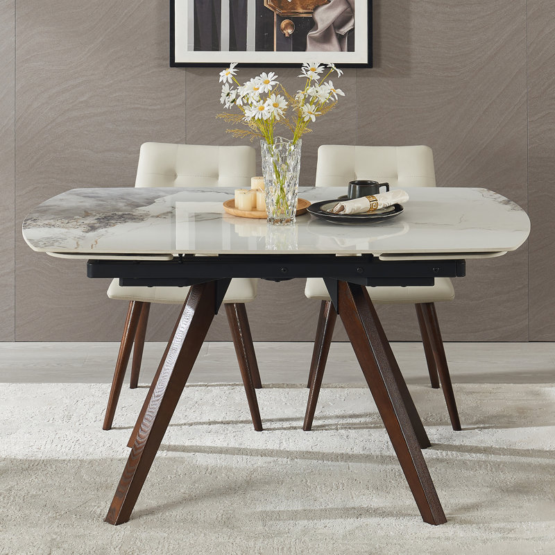 Retractable Sintered Stone Dining Table With Solid Wood Base