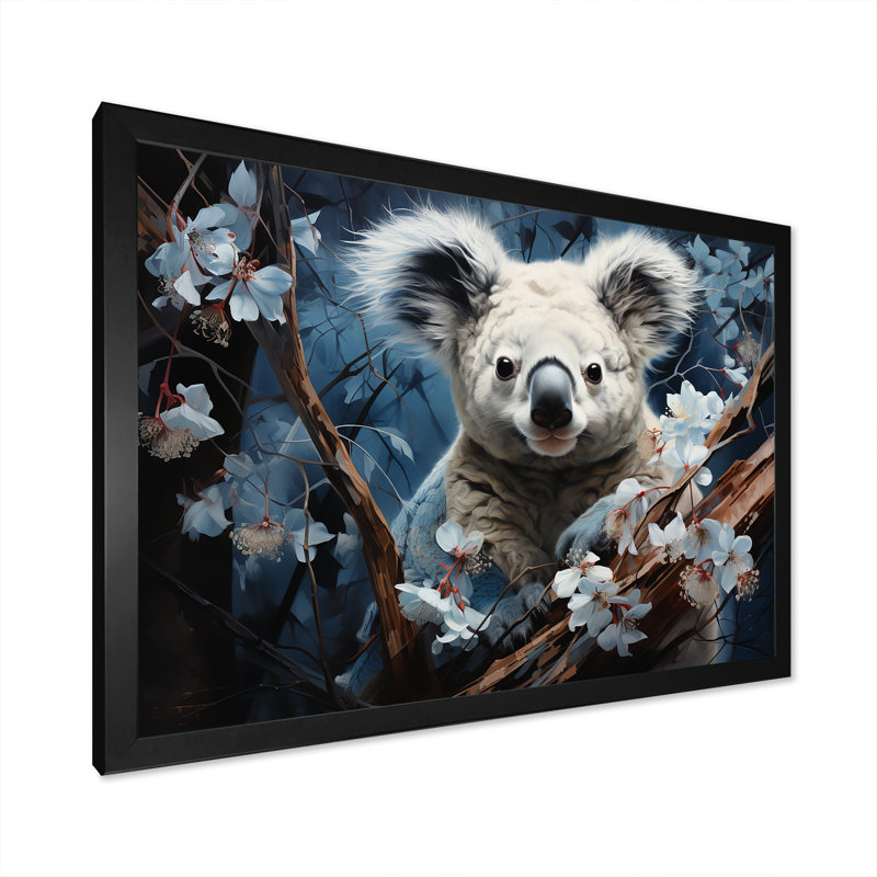 Koala grimpant en peluche - reproduction sur toile, Cadre simple noir, H 34 po x l 44 po x P 1,5 po