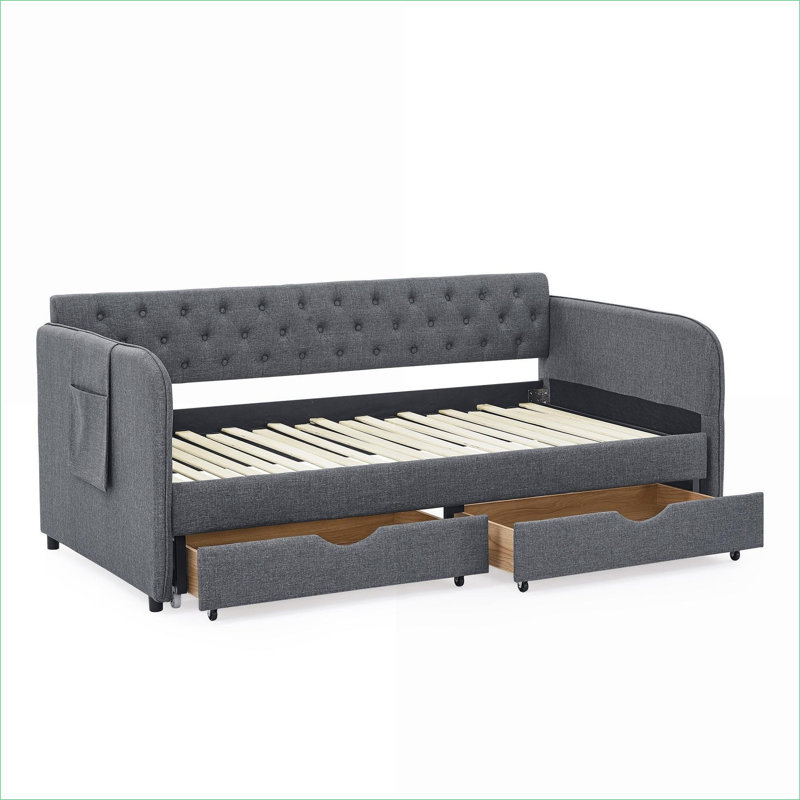 Daybeds | Modern Extendable Twin Daybed with Trundle &amp; Storage Drawers for Bedroom Living Room | charcoal gray | linen