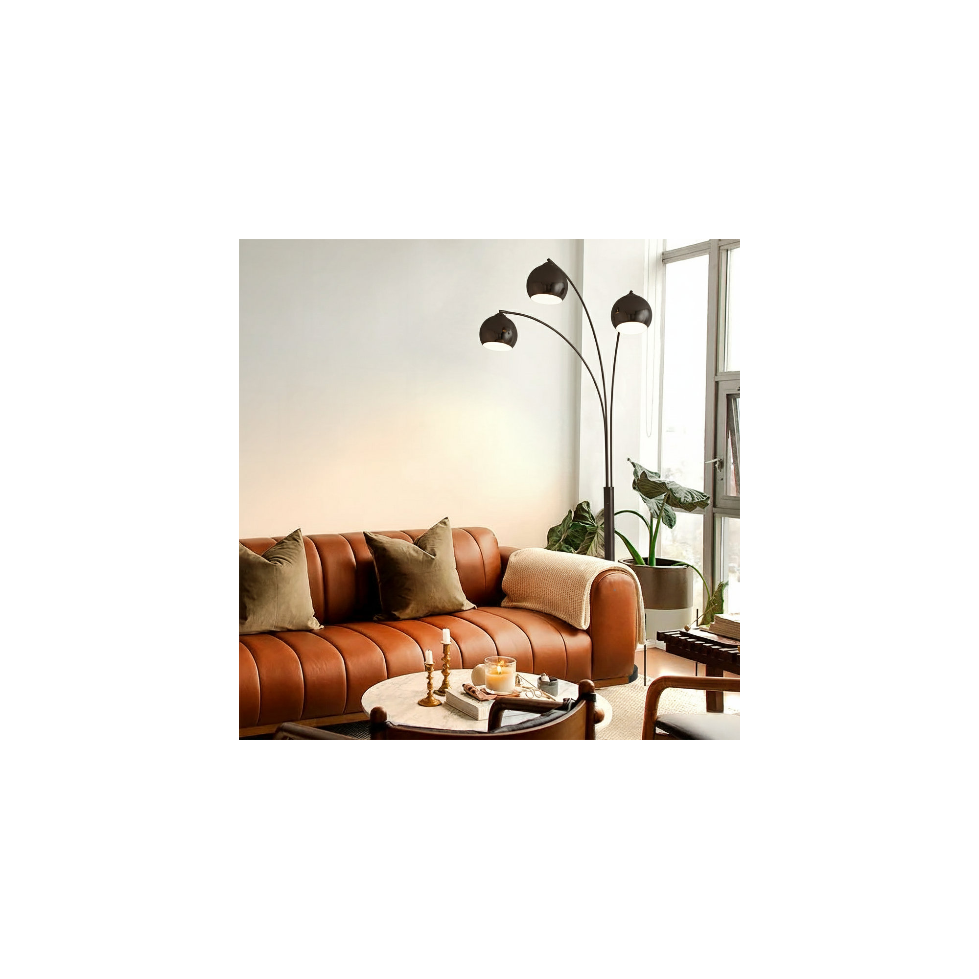 Triplet 3 Light Arc Floor Lamp - Nickel, Marble Base, Dimmer Switch, Black Nickle, Black