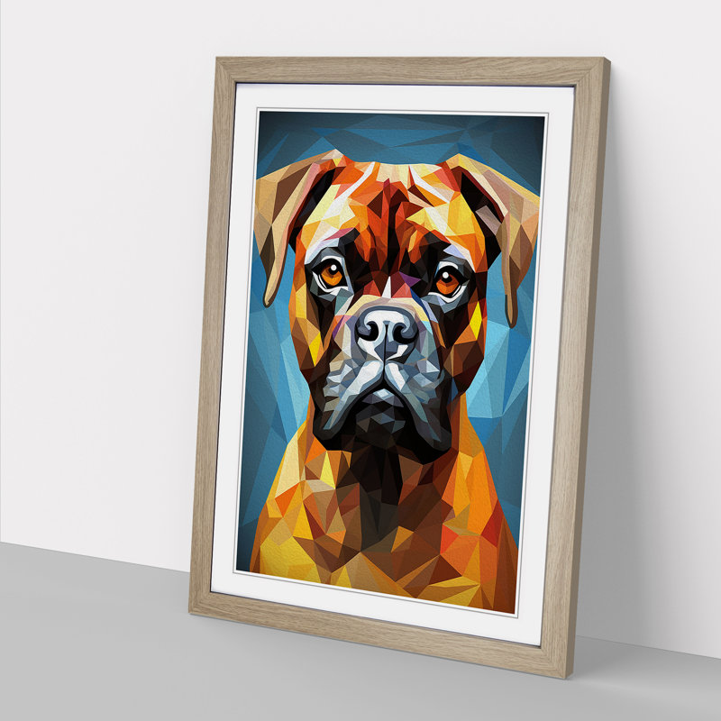Boxer Dog Geometric Art - Framed Print, 34cm H x 25cm W x 2cm D, Oak Framed