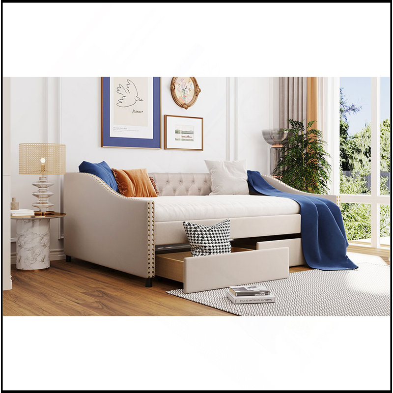Upholstered Daybed With Two Drawers, Wood Slat Support, Beige, Full Size, Beige