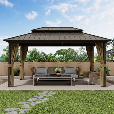  Outdoor Patio Gazebo, Hardtop Gazebo with Galvanized Steel Roof & Aluminum Frame,Heavy Duty Permanent Pavilion with Netting & Curtains for Patio, Lawn, Deck