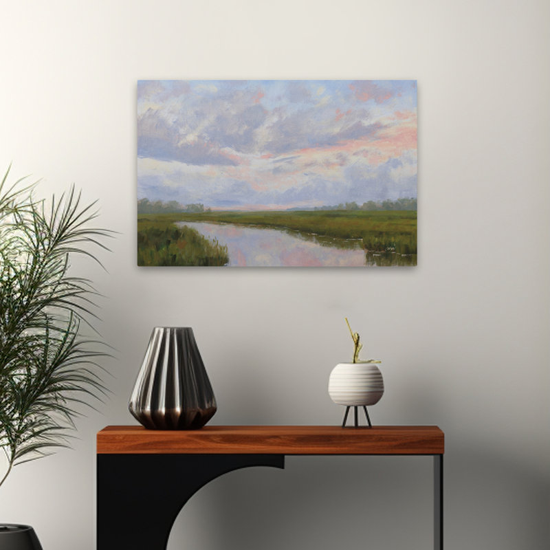 Misty Marsh Creek - plage, nuages bleus, ruisseau, art, H 16 po x l 24 po