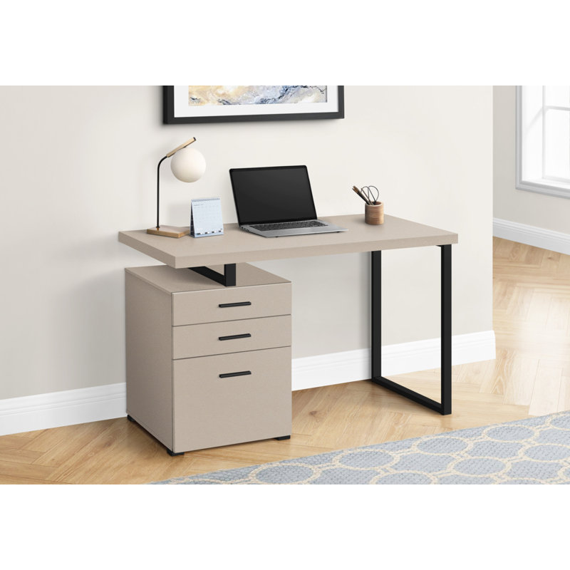 Bureau d'ordinateur avec tiroirs de rangement, bureau de bureau contemporain avec pieds en métal, Taupe / Noir, Taupe