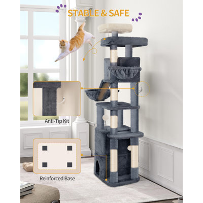 72.8" Cat Tree, Large Cat Tower for Indoor Cats, Cats House Furniture with 2 Platforms, 3 Condos, 6 Scratching Posts, 2 Baskets, Pompoms, Washable Cushion, Dark Gray