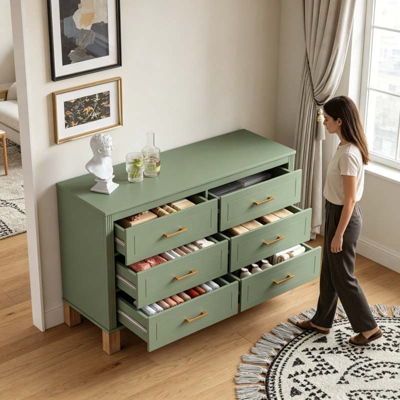 Commode double à 6 tiroirs, armoire de rangement moderne avec poignées en métal et pieds en bois massif, parfaite pour les chambres d'enfants et pour une utilisation intensive