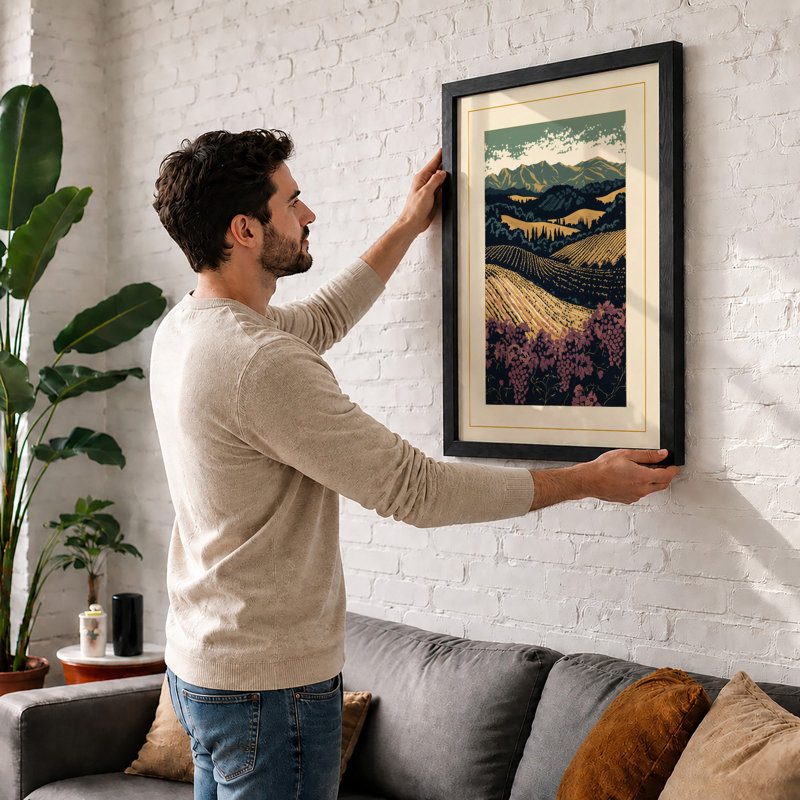 Mountain Valley Farm Japandi - Framed Print, Black, A4 - 29.7 x 21.0 cm