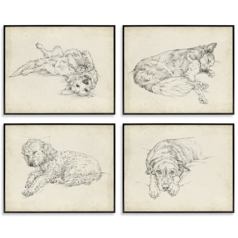 Ensemble de 4 reproductions de giclées encadrées par un chien antique, dessin par Ethan Harper, H 11 po x l 56 po