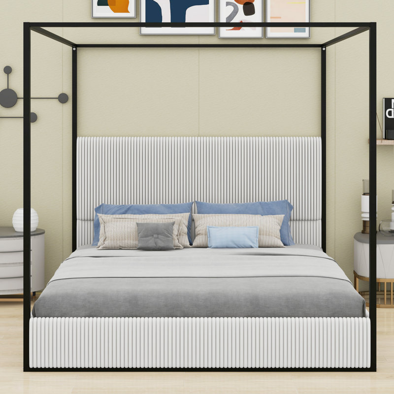 Modern Canopy Bed With Upholstered Headboard, King