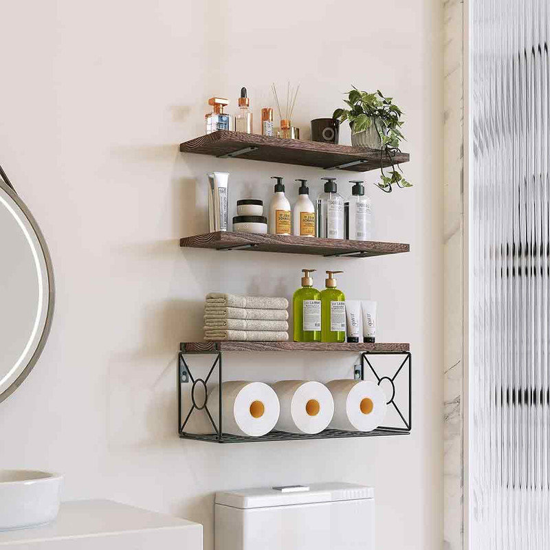 Nio Paulownia Wall Mounted Required Bathroom Shelves, Brown