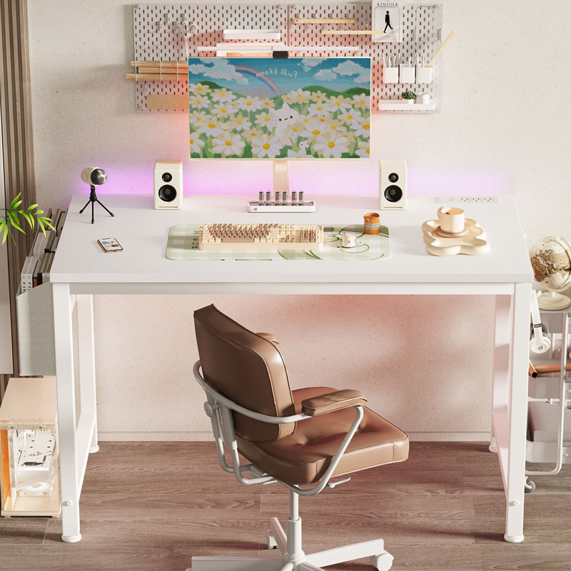 Writing Desk With Power Outlets Rectangle Computer Desk, White, 29.52" H x 47.24" W x 18.9" D