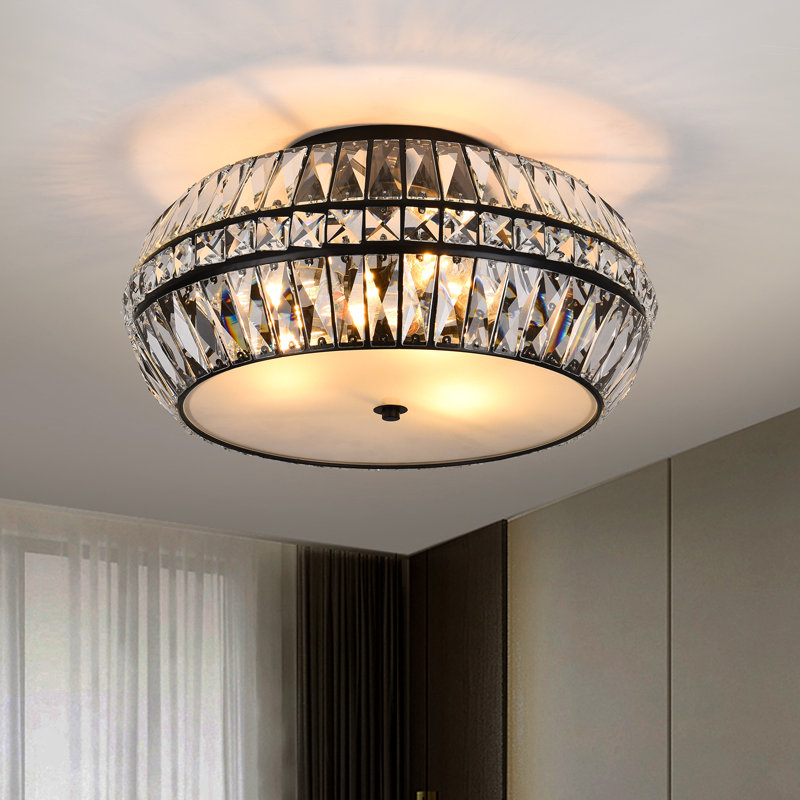 3-Light 18.31" Crystal Flush Mount Ceiling Light, Mattle Black