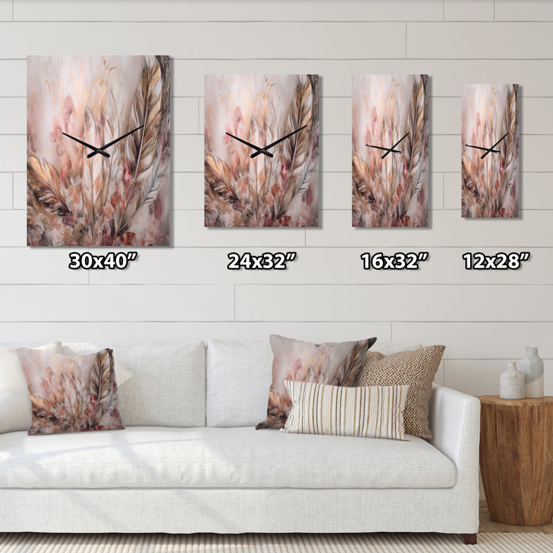Jaleesha - Glam Feather Très grandes horloges murales, H 32 po x l 16 po