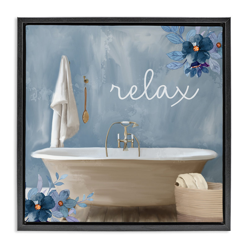 «Blue Floral Relax Bathroom Scene», art mural encadré noir sur toile flottante par Kim Allen, H 18 po x l 18 po