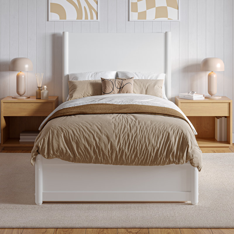  Ronan Wood Platform Bed with Footboard and Trundle, White, Twin XL