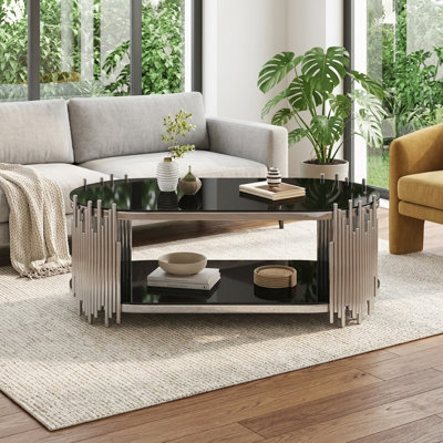Table basse ovale moderne FFZ 47 po avec étagères à deux niveaux en verre trempé noir et structure en acier inoxydable poli