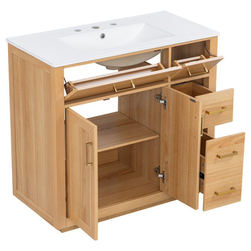 Meuble-lavabo 36 po avec lavabo en céramique, couleur bois naturel