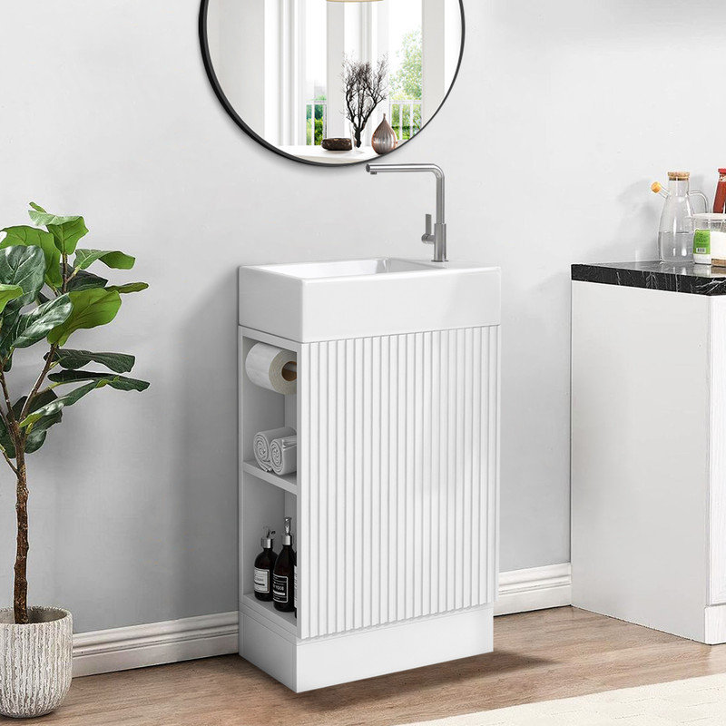 Hearns 18.6" Bathroom Vanity with Ceramic Sink, Vanity with 2-Tier Shelf, Left or Right Orientation, White