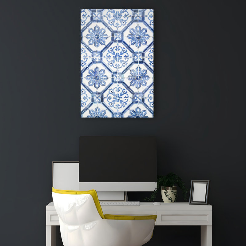 Motif azulejo bleu à motif géométrique classique, 18" H x 12" W