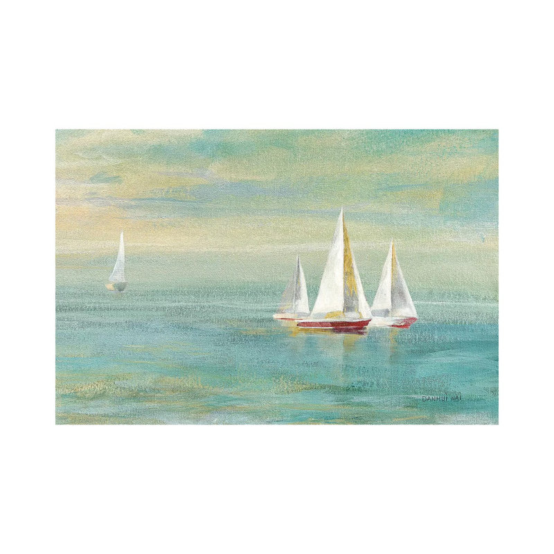 « Sunrise voiliers II Nautical » par Danhui nai, reproduction d’art, H 12 po x l 18 po x 1,5 po, Toile tendue, Pas de tapis