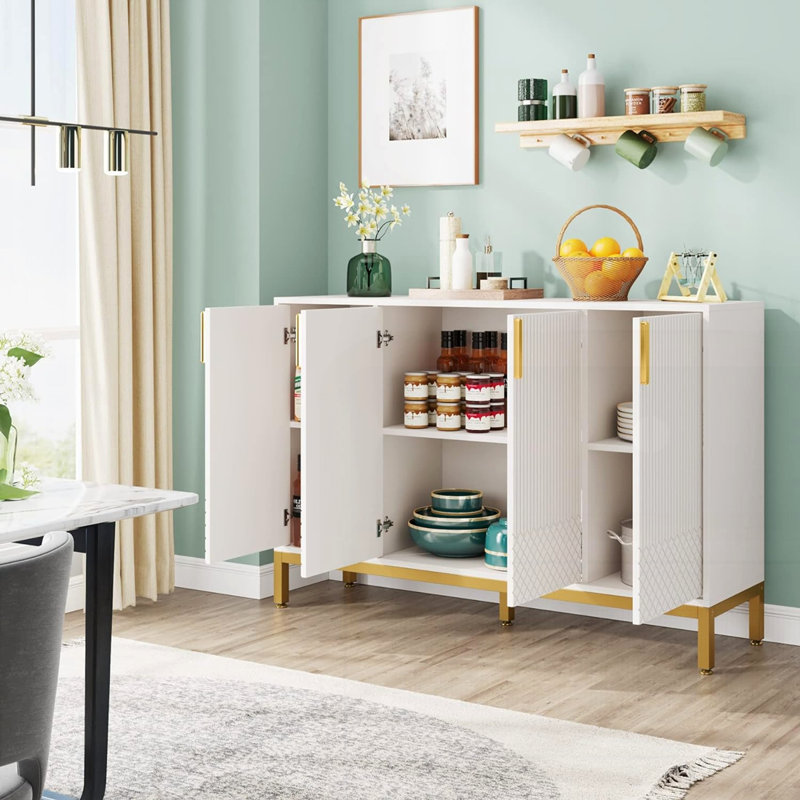 Buffet 59,74 "de luxe blanc et or avec rangement et portes géométriques