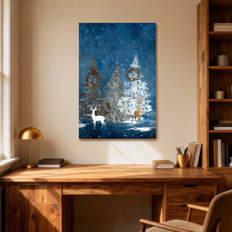 Animaux, forêt d'hiver, cerfs et arbres avec couronnes, H 30 po x l 20 po