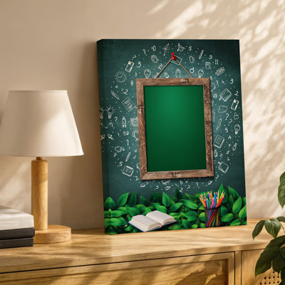 Canvas A Vibrant Classroom Scene Featuring A Large Green Chalkboard Framed Wall Art In Rustic Wood Suspended From A Red Pushpin Set Canvas Wall Art