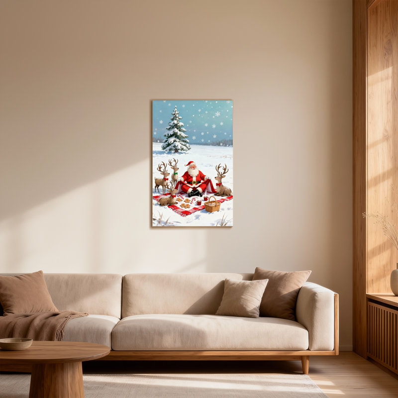 Père Noël avec des rennes dans une scène enneigée, H 40 po x l 28 po