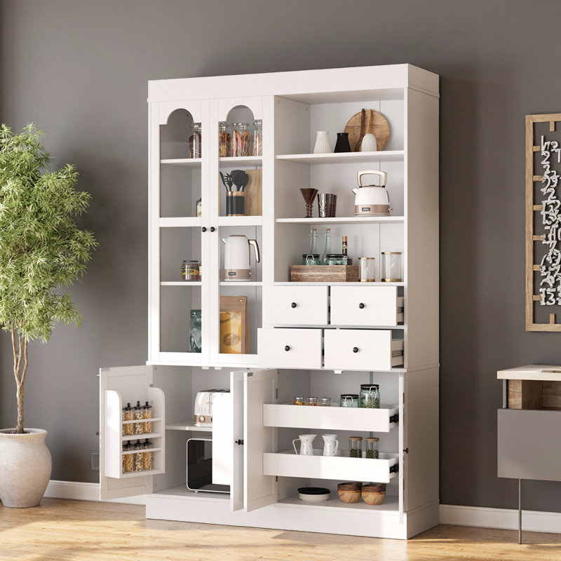 75" Tall Blue Freestanding Buffet with Hutch, Kitchen Pantry Cabinet with 4 Drawers, Door Shelves & Pull-out Trays, White