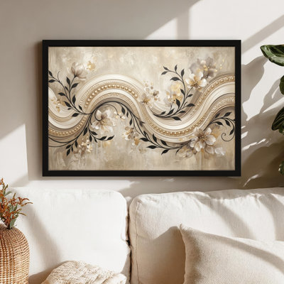 Art mural sur toile noir encadré pour le salon, la chambre à coucher, le bureau ou le vestibule - Décoration murale décorative avec vague florale