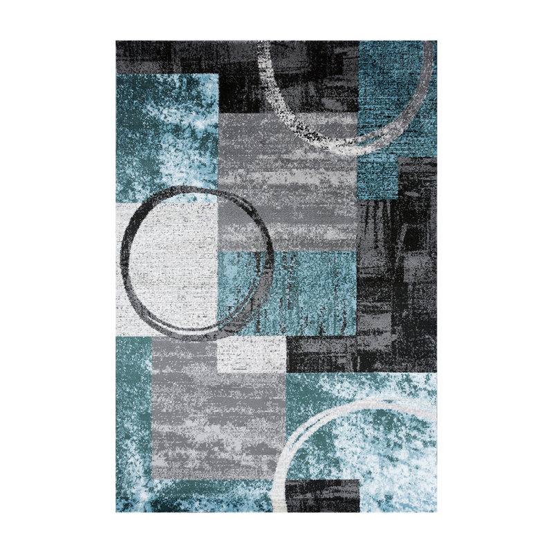 Tapis moderne performance gris, ivoire et bleu à motif abstrait Fanton, Rectangle 12 pi x 15 pi, Bleu/gris