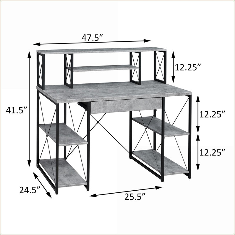 Bureaux avec huche, tiroir et amp; Tablettes ouvertes de 47,5 po de largeur Bureau noir | Noir + gris | Bois et métal, Gris
