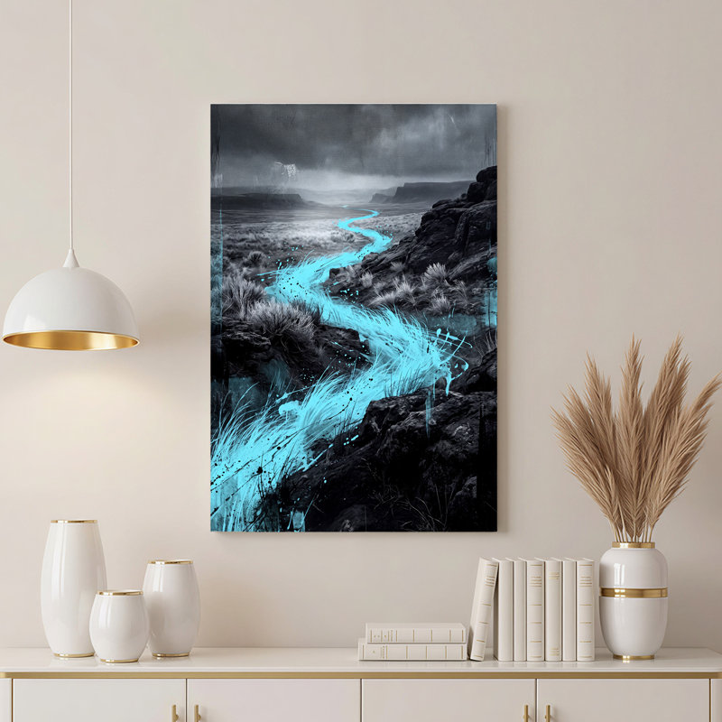 «Cyan Blue Winding River In Grayscale Rocky Canyon», art mural, 18"H x 12"W